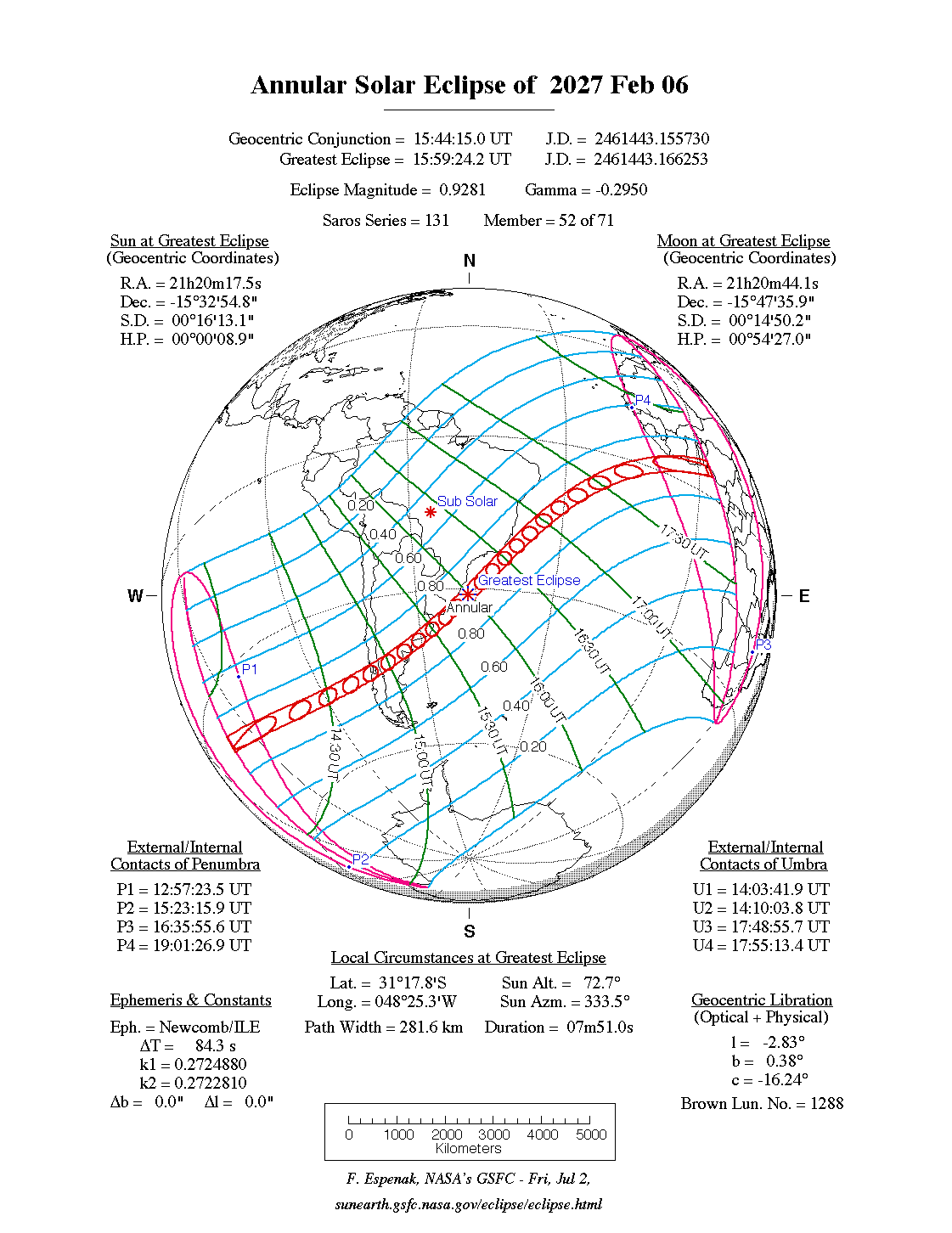 NASA map of the annular solar eclipse of 6 February 2027: where it is visible and when