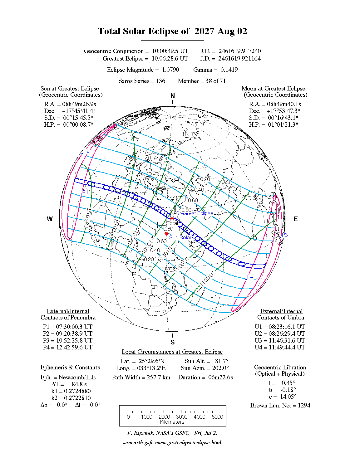NASA map of the total solar eclipse of 2 August 2027: where it is visible and when