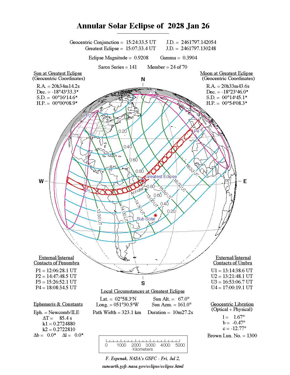 NASA map of the annular solar eclipse of 26 January 2028: where it is visible and when