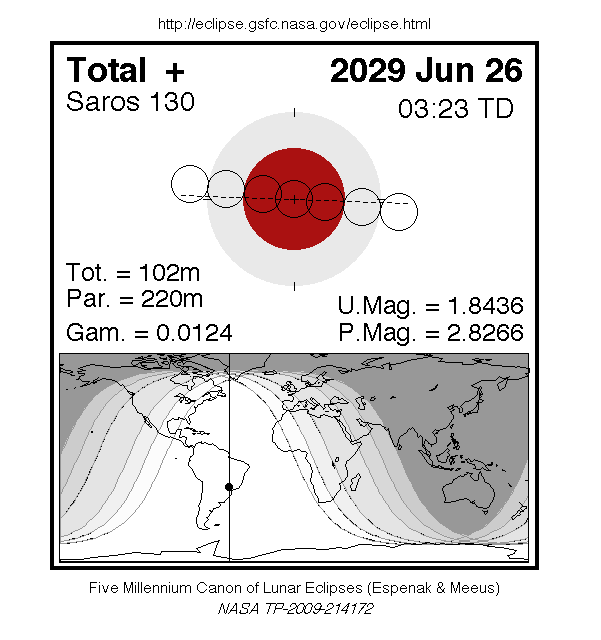 NASA map of the total lunar eclipse of 26 June 2029: where it is visible and when