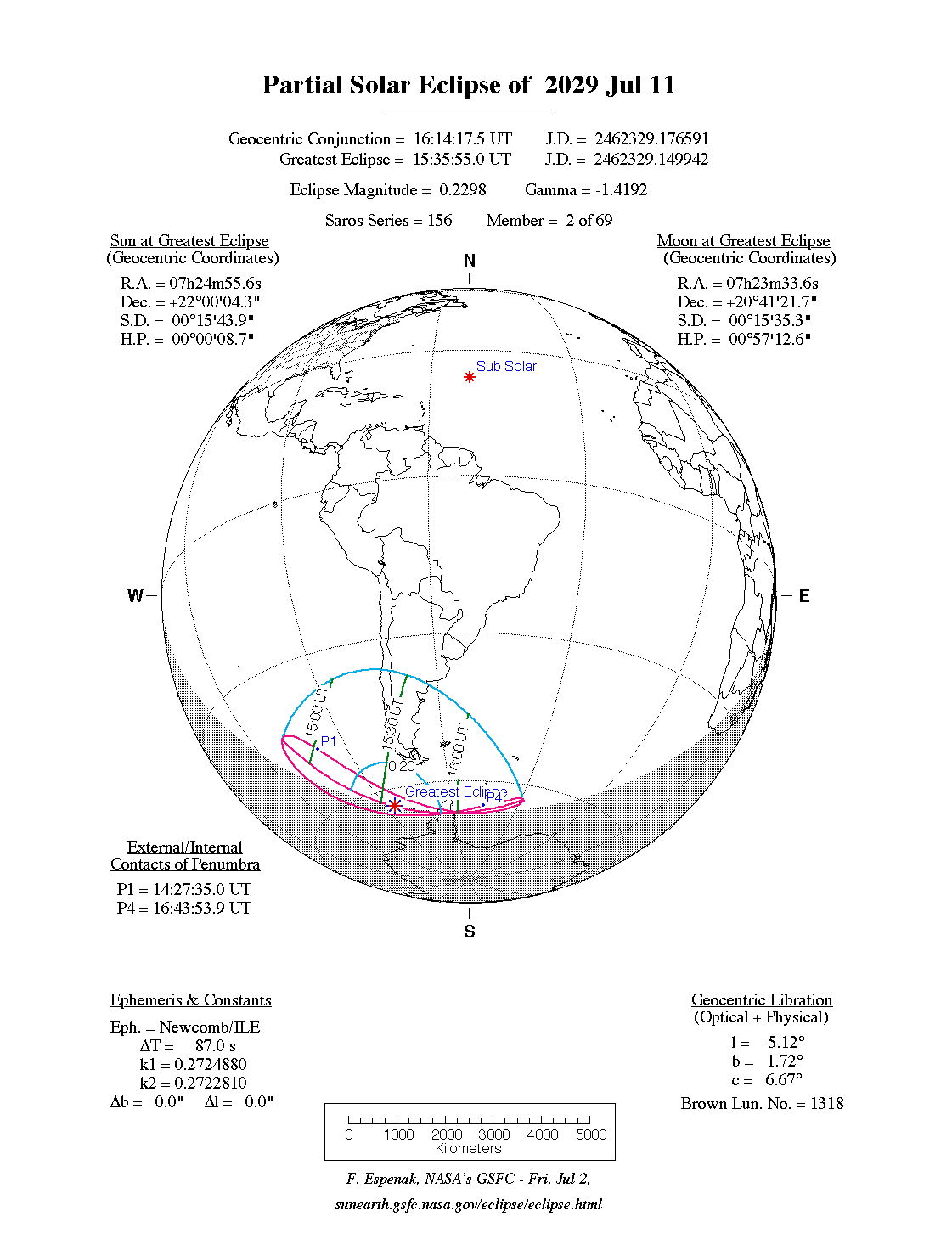 NASA map of the partial solar eclipse of 11 July 2029: where it is visible and when