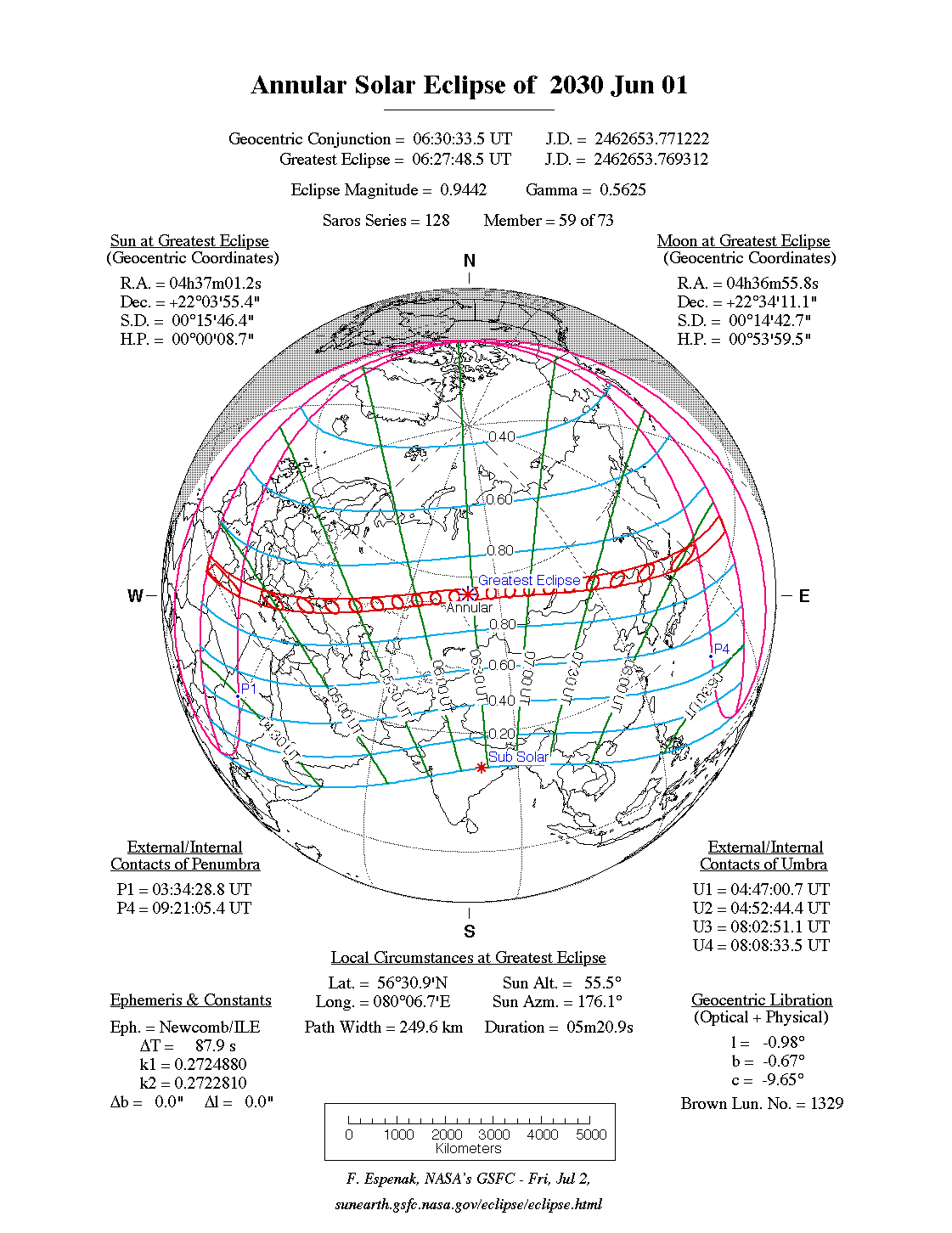 NASA map of the annular solar eclipse of 1 June 2030: where it is visible and when